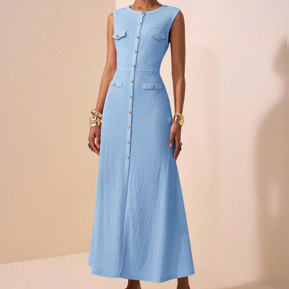 Blue Elegant Women's Round Neck Sleeveless button down Maxi Dress - Picture 3 of 7